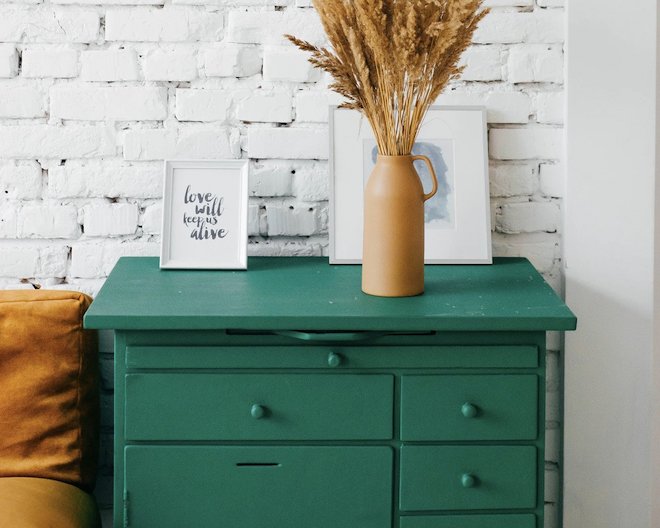 Green drawers with decor